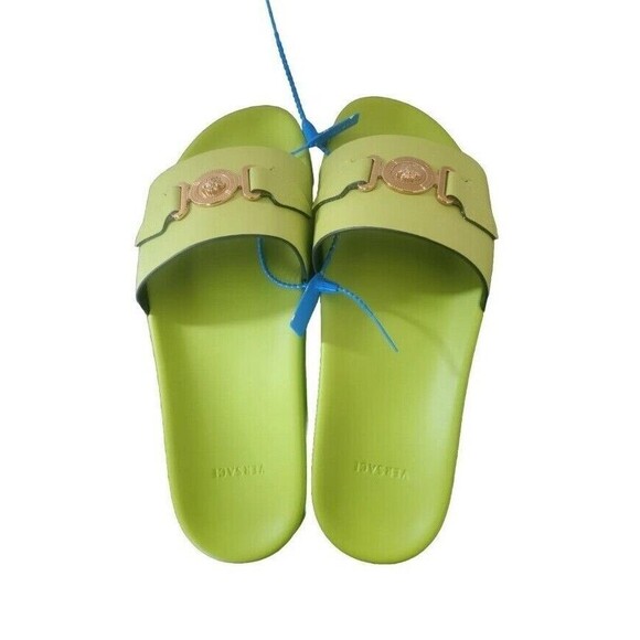 NEW Versace Gold MEDUSA HEAD Men Rubber Pool Slides Citron Green Size 10